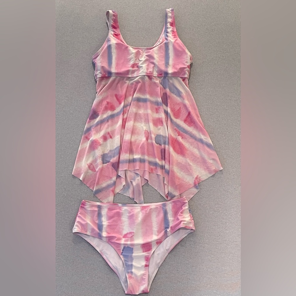 Pink Tie Dye Tankini Swimsuit Set Flowy Swim Top High Waist Bottom